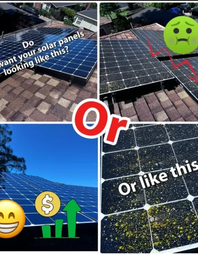 California Solar Care before and after solar panel cleaning — dirty vs. spotless panels for better efficiency.