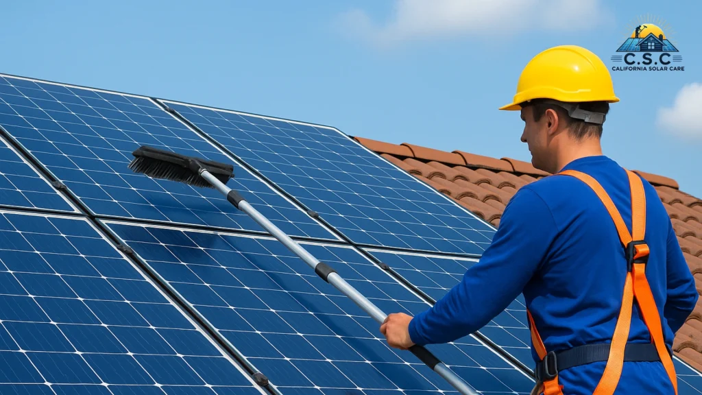 Technician safely cleaning residential solar panels to show the benefits of regular solar panel cleaning for improved efficiency and long-term savings.