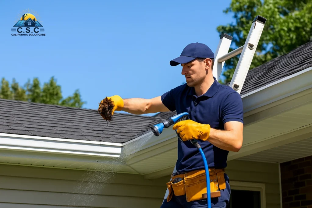 California Solar Care expert clearing roof gutters and ensuring proper drainage for solar system efficiency.