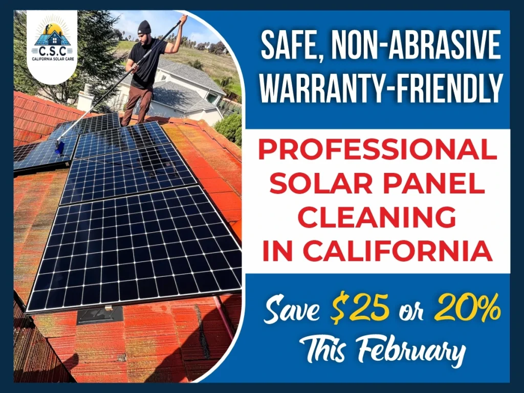 Technician performing professional solar panel cleaning on residential roof in California.