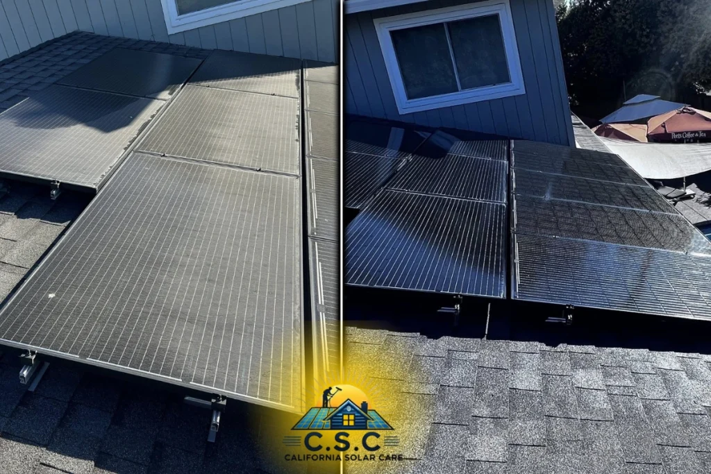 Residential rooftop after solar panel cleaning California service showing clean solar panels producing maximum energy